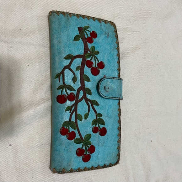 Wallet Pocketbook Embroidered Cherry Tree Turquoise Blue Imperfect Used - Picture 2 of 8